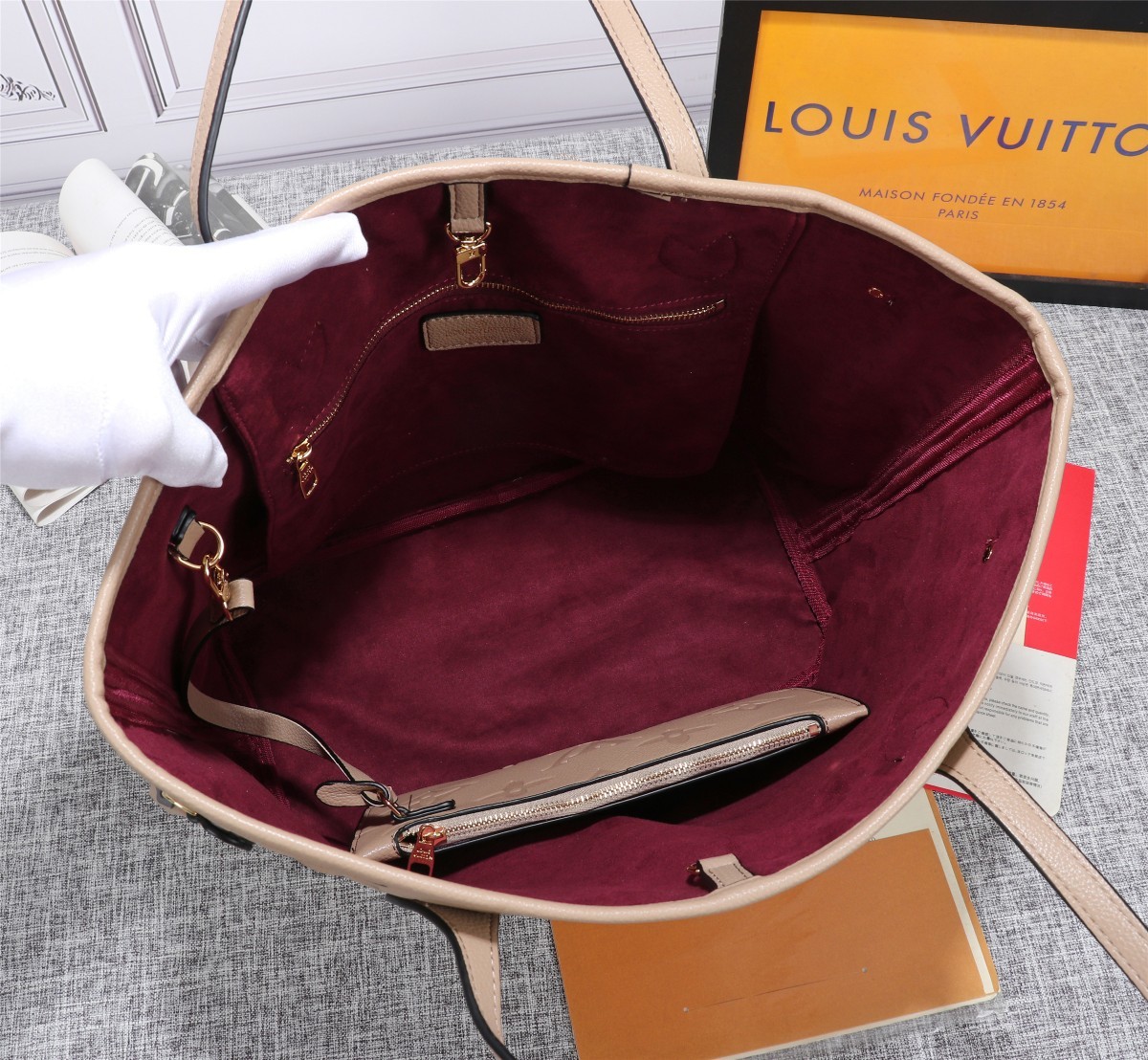 Louis Vuitton Neverfull MM Tote Bag Monogram Empreinte Tourterelle Gray For Women, Women’s Handbags, Shoulder Bags 12.2in/31cm
