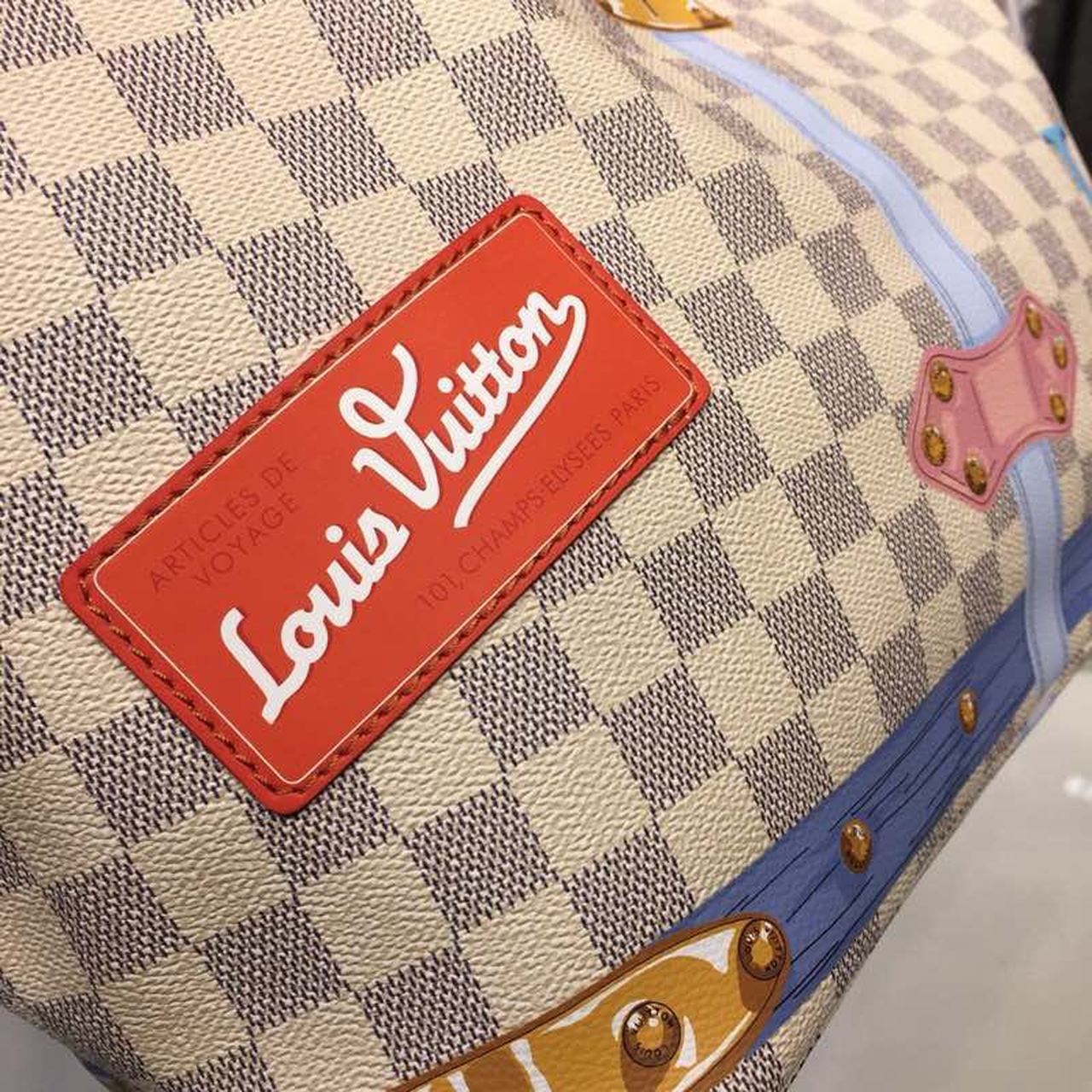 Louis Vuitton Neverfull MM Tote Bag Trompe L’oeil Print Damier Azur Canvas For Women, Women’s Handbags, Shoulder Bags 12.6in/32cm