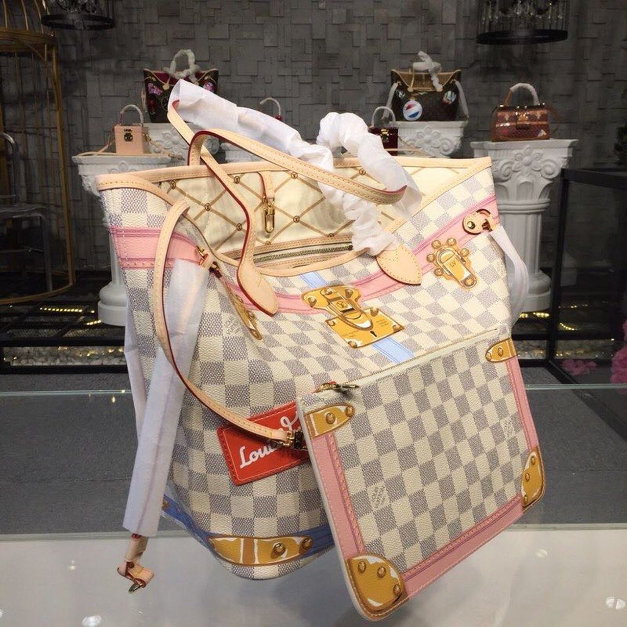 Louis Vuitton Neverfull MM Tote Bag Trompe L’oeil Print Damier Azur Canvas For Women, Women’s Handbags, Shoulder Bags 12.6in/32cm