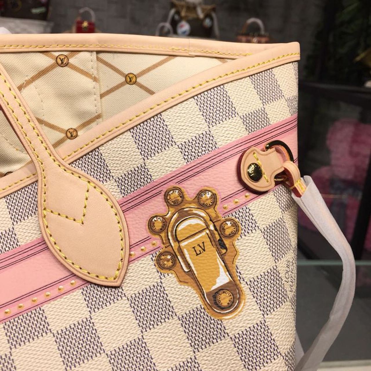 Louis Vuitton Neverfull MM Tote Bag Trompe L’oeil Print Damier Azur Canvas For Women, Women’s Handbags, Shoulder Bags 12.6in/32cm