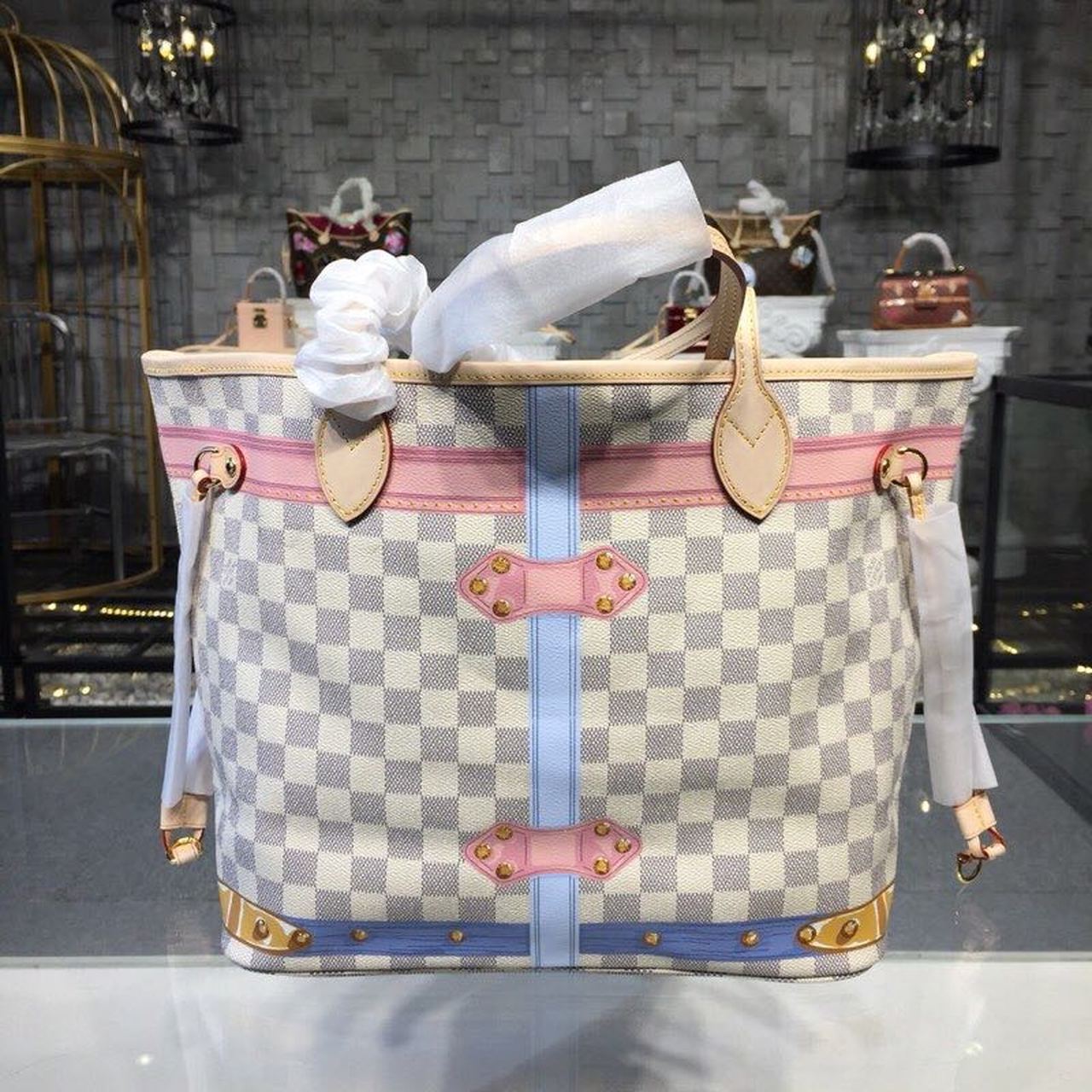 Louis Vuitton Neverfull MM Tote Bag Trompe L’oeil Print Damier Azur Canvas For Women, Women’s Handbags, Shoulder Bags 12.6in/32cm