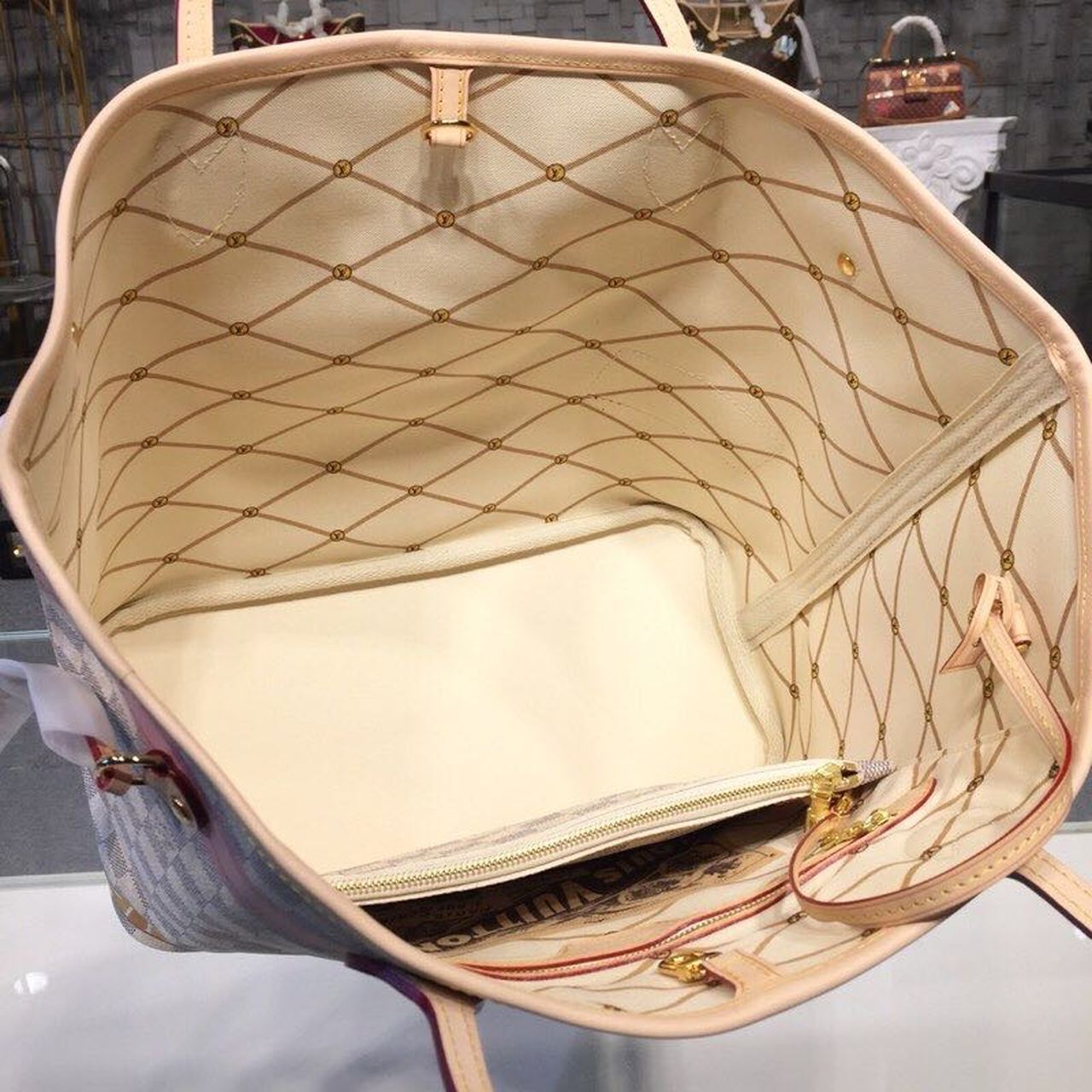 Louis Vuitton Neverfull MM Tote Bag Trompe L’oeil Print Damier Azur Canvas For Women, Women’s Handbags, Shoulder Bags 12.6in/32cm
