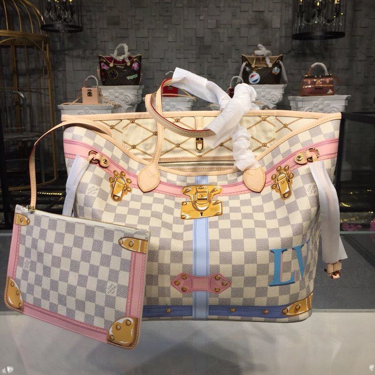 Louis Vuitton Neverfull MM Tote Bag Trompe L’oeil Print Damier Azur Canvas For Women, Women’s Handbags, Shoulder Bags 12.6in/32cm