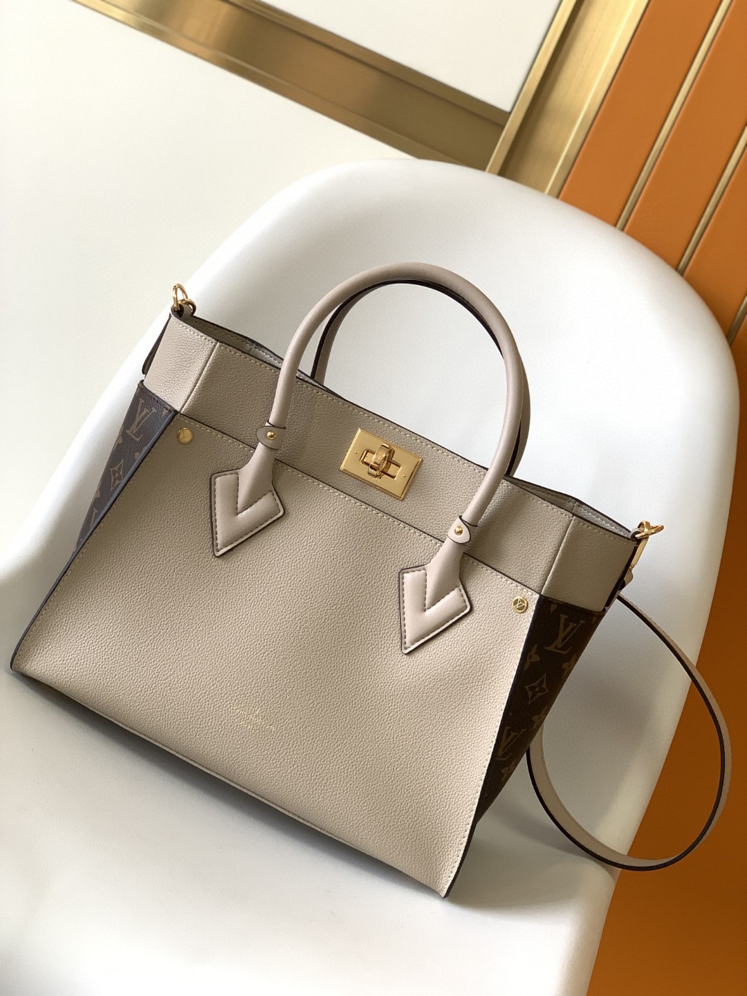 Louis Vuitton On My Side MM Tote Bag Monogram Canvas Greige For Women, Women’s Handbags, Shoulder Bags 12in/31cm