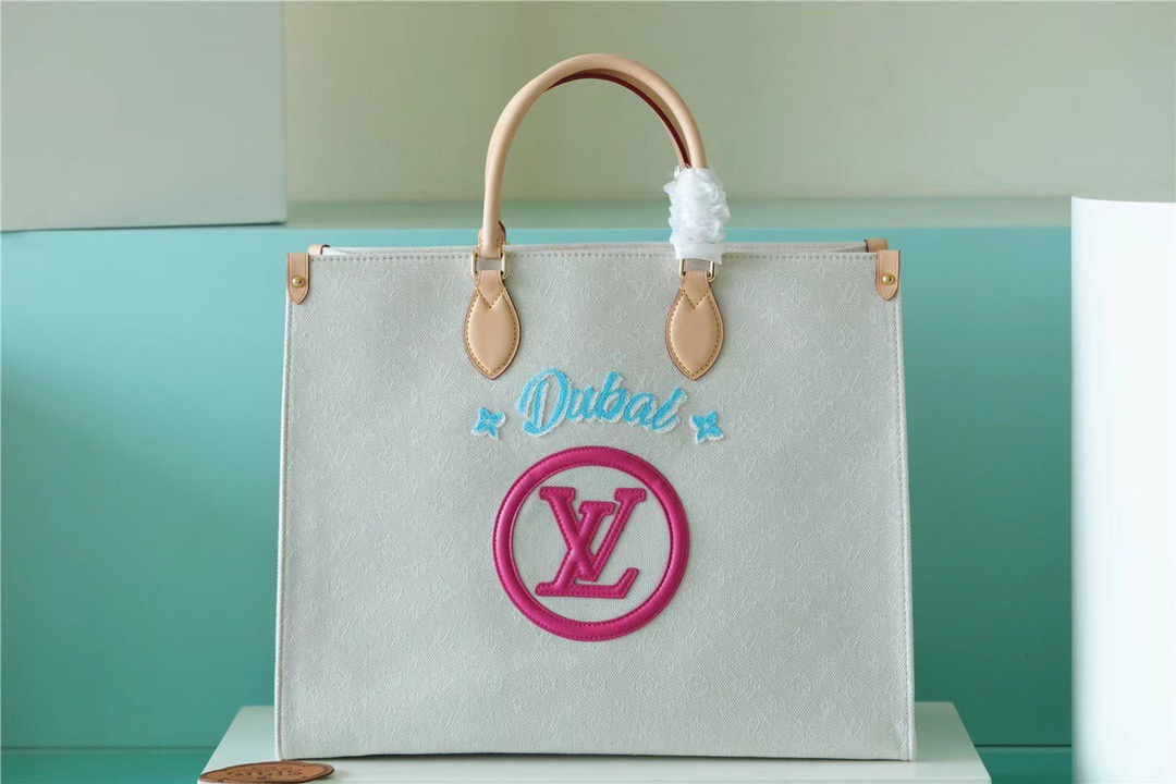 Louis Vuitton Onthego GM Monogram Giant And Raffia White/ Pink For Women, Women’s Handbags, Shoulder And Crossbody Bags 41cm/16.1in LV