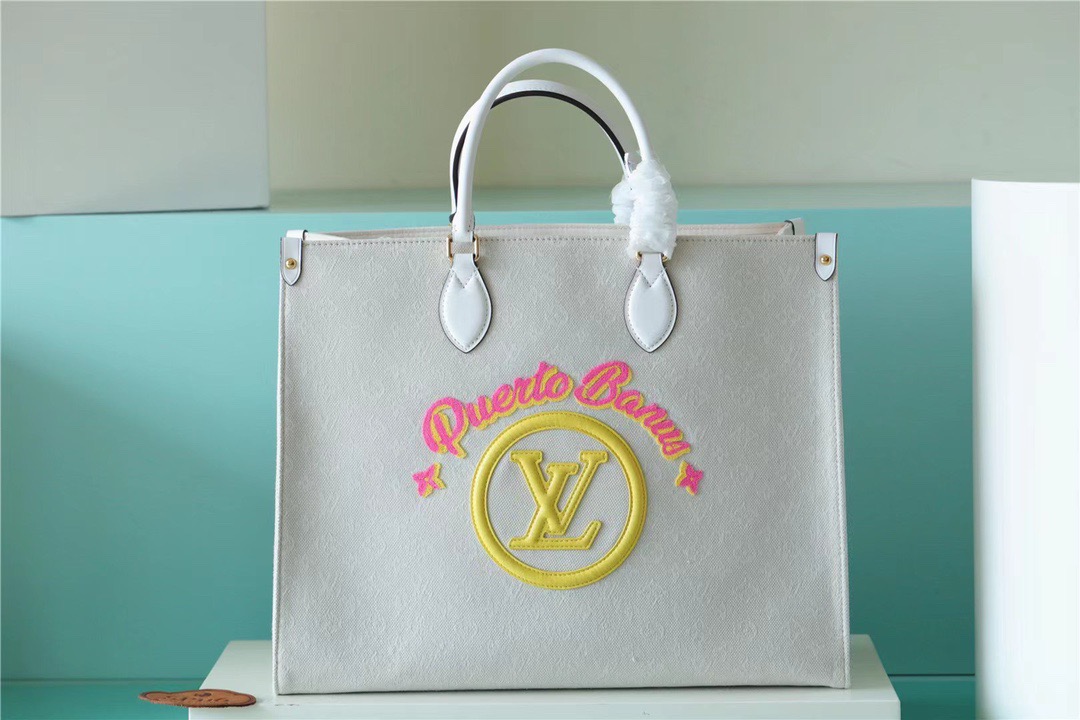 Louis Vuitton Onthego GM Monogram Giant And Raffia White/ Yellow For Women, Women’s Handbags, Shoulder And Crossbody Bags 41cm/16.1in