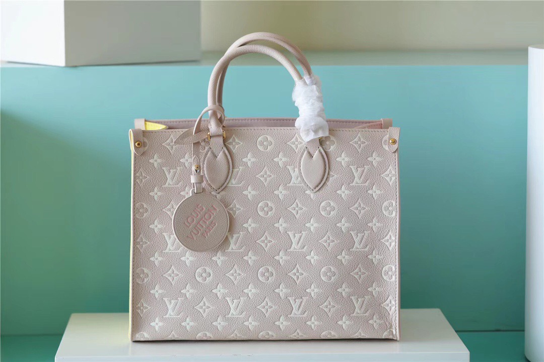 Louis Vuitton Onthego MM Monogram Empreinte Beige/ Pink/ Yellow For Women, Women’s Handbags, Shoulder And Crossbody Bags 35cm/13.8in