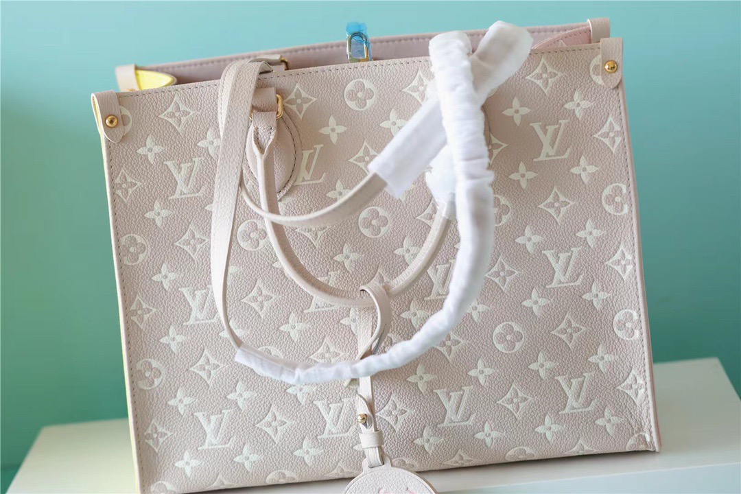 Louis Vuitton Onthego MM Monogram Empreinte Beige/ Pink/ Yellow For Women, Women’s Handbags, Shoulder And Crossbody Bags 35cm/13.8in