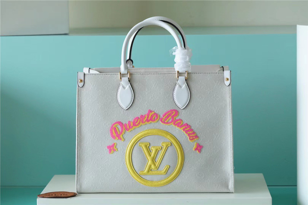 Louis Vuitton Onthego MM Monogram Giant And Raffia White/ Yellow For Women, Women’s Handbags, Shoulder And Crossbody Bags 35cm/13.8in LV 