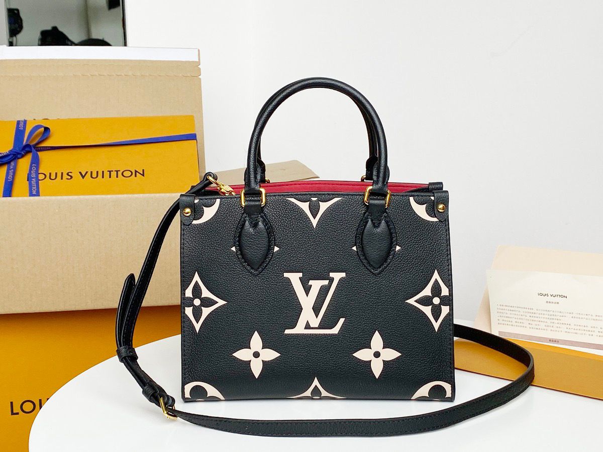 Louis Vuitton OnTheGo PM Tote Bag Monogram Empreinte Black/Beige For Women, Women’s Handbags, Shoulder And Crossbody Bags 9.8in/25cm