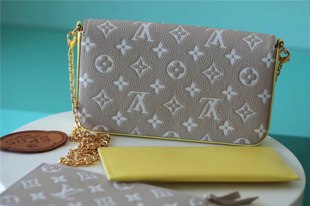 Louis Vuitton Pochette Felicie Monogram Empreinte Pink/ Beige/ Yellow For Women, Women’s Handbags, Shoulder And Crossbody Bags 21cm/8.3in