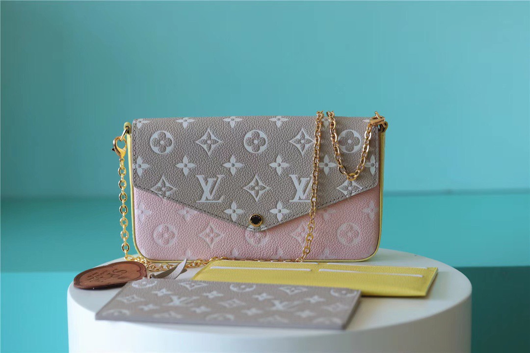 Louis Vuitton Pochette Felicie Monogram Empreinte Pink/ Beige/ Yellow For Women, Women’s Handbags, Shoulder And Crossbody Bags 21cm/8.3in