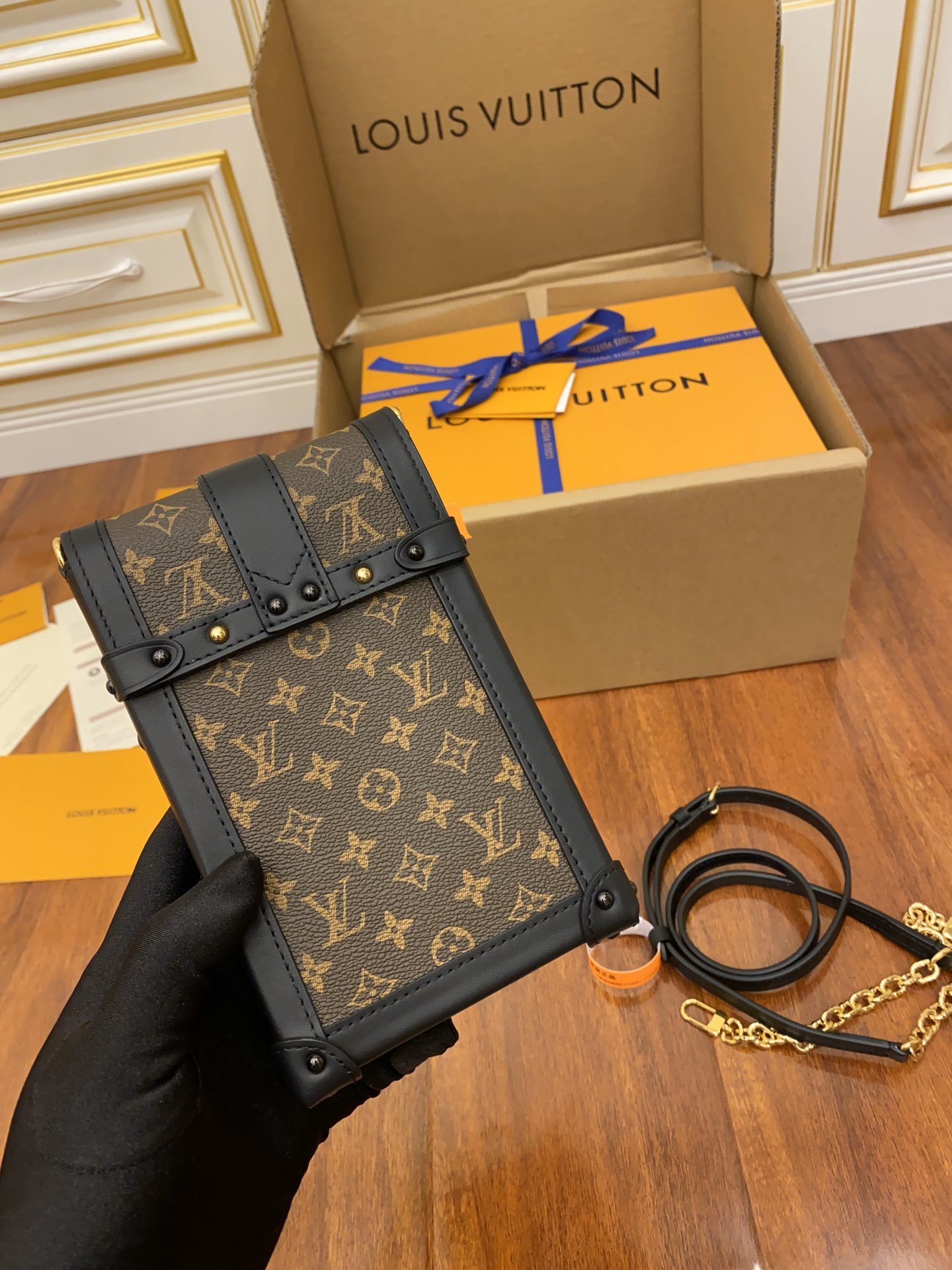 Louis Vuitton Pochette Trunk Verticale Monogram Canvas Black For Women, Women’s Chain Wallet 6.9in/18cm
