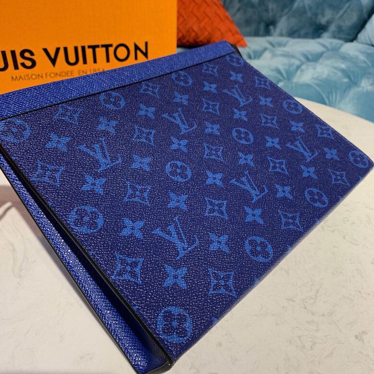 Louis Vuitton Pochette Voyage MM Monogram Eclipse Canvas Pacific Blue For Men, Men’s Bags, Travel Bags 10.6in/27cm
