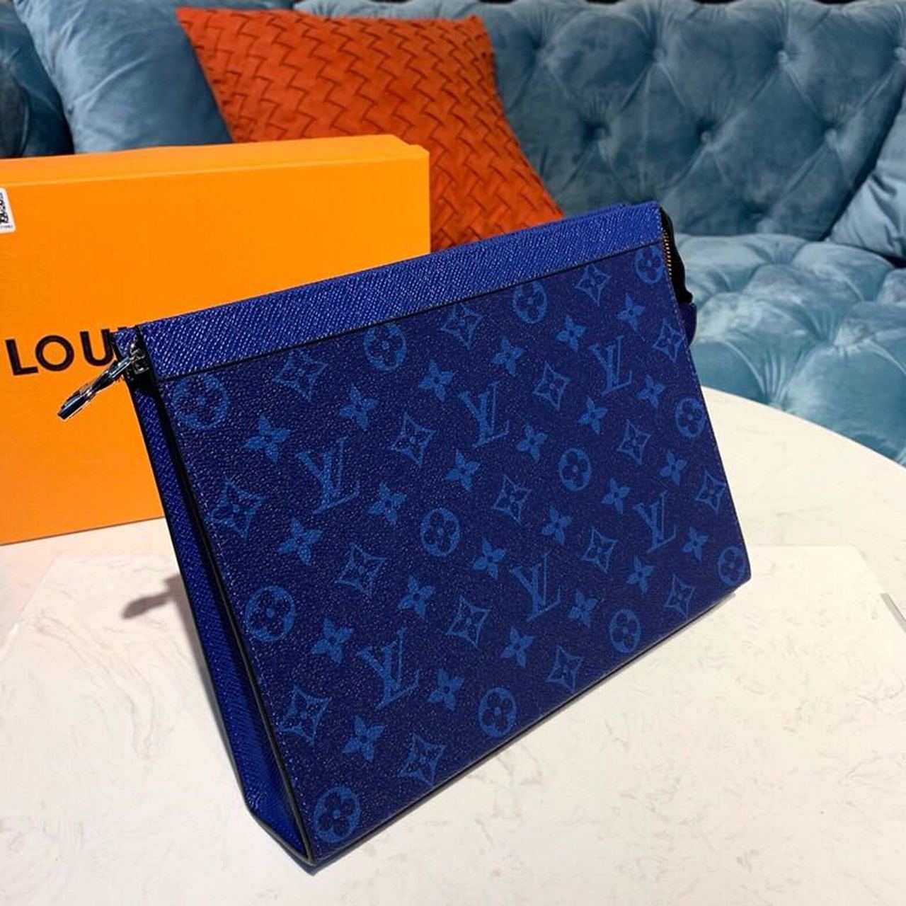 Louis Vuitton Pochette Voyage MM Monogram Eclipse Canvas Pacific Blue For Men, Men’s Bags, Travel Bags 10.6in/27cm