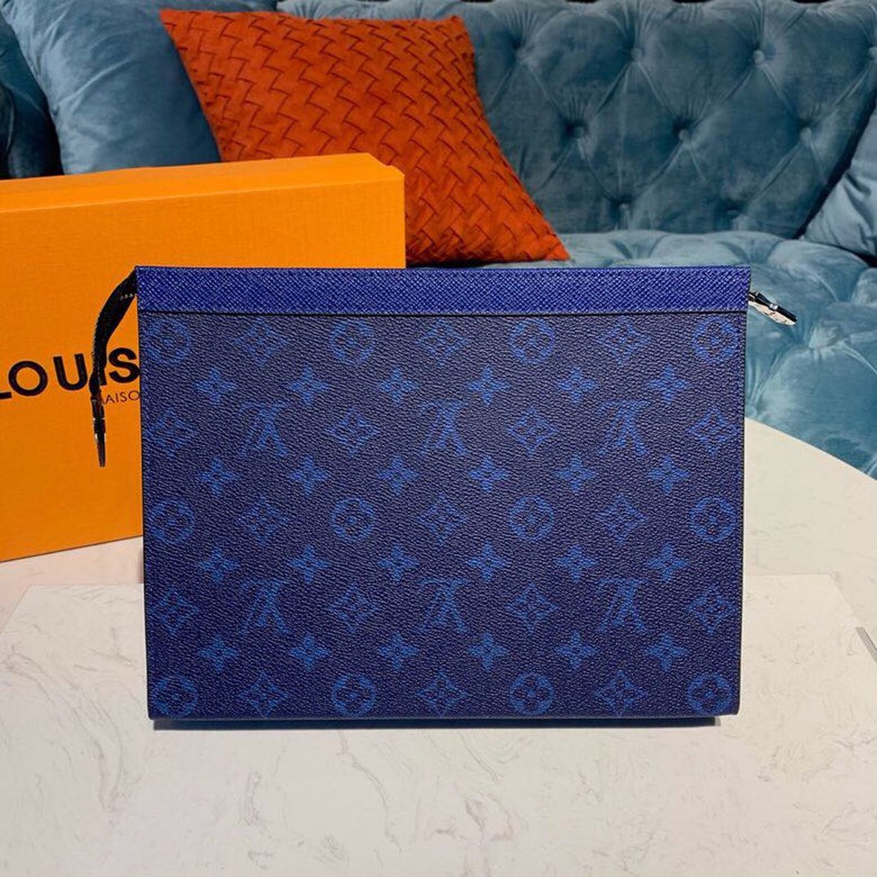 Louis Vuitton Pochette Voyage MM Monogram Eclipse Canvas Pacific Blue For Men, Men’s Bags, Travel Bags 10.6in/27cm