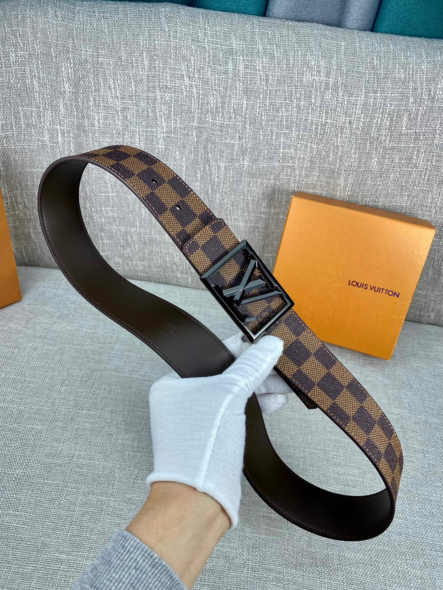 Louis Vuitton Pyramide Frame Initiales Reversible LV Belt Damier Cobalt Brown Canvas LV Women Belt