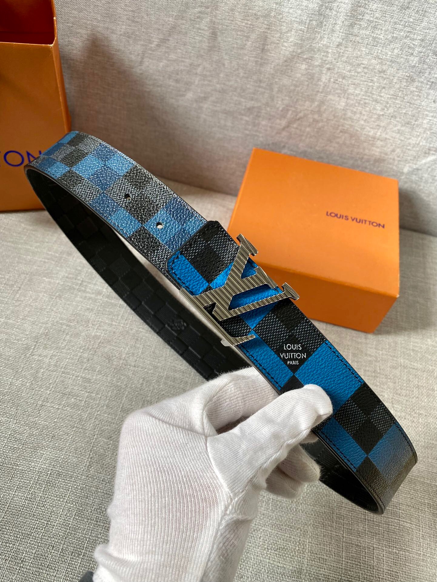 Louis Vuitton Reversible LV Belt Damier Graphite 3D Canvas Blue and Black LV Women Belt