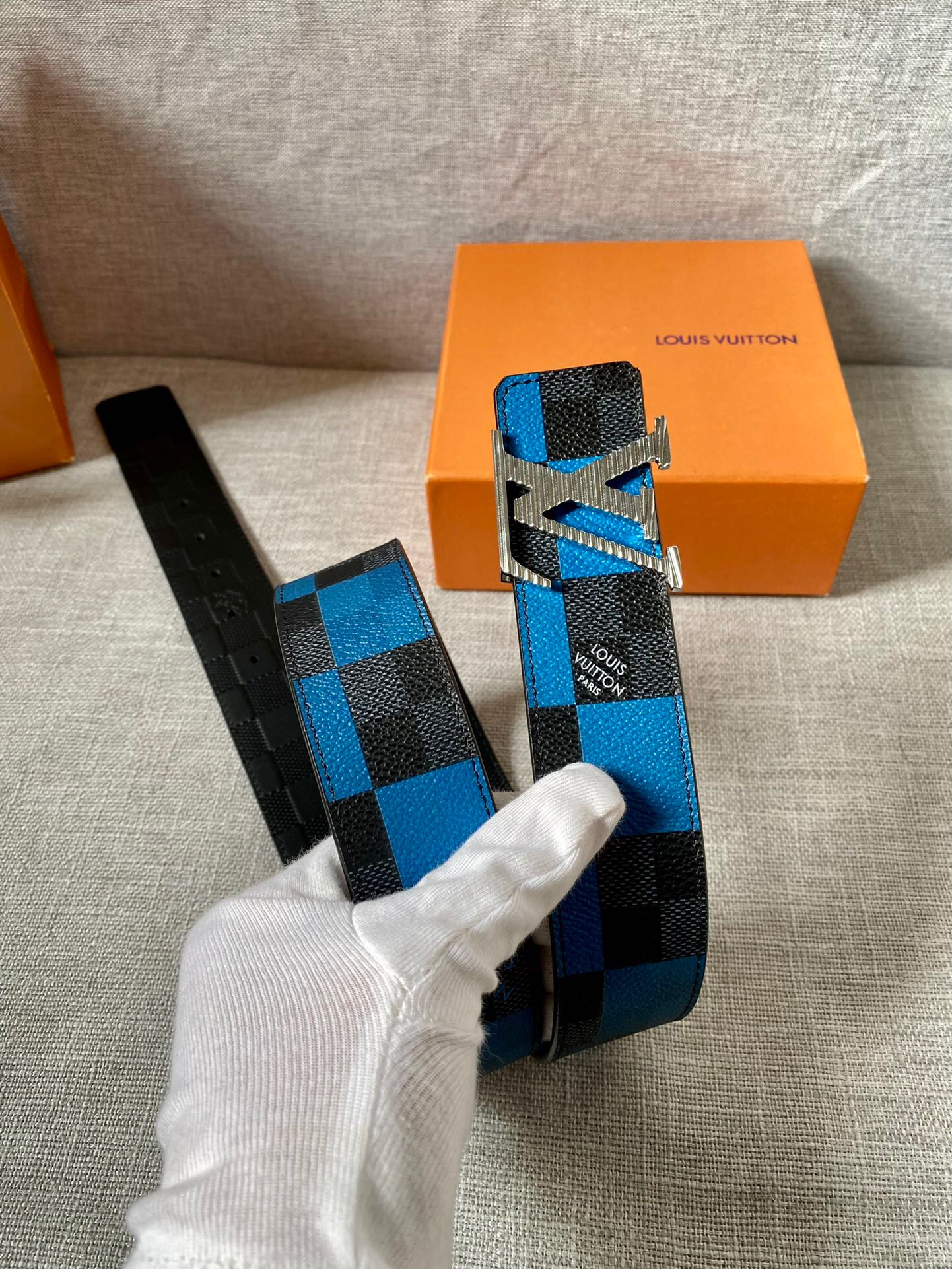 Louis Vuitton Reversible LV Belt Damier Graphite 3D Canvas Blue and Black LV Women Belt