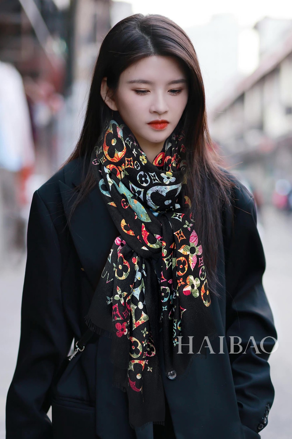 Louis Vuitton Silk Monogram Multicolor in Black Rectangle Scarf 200cm/78in
