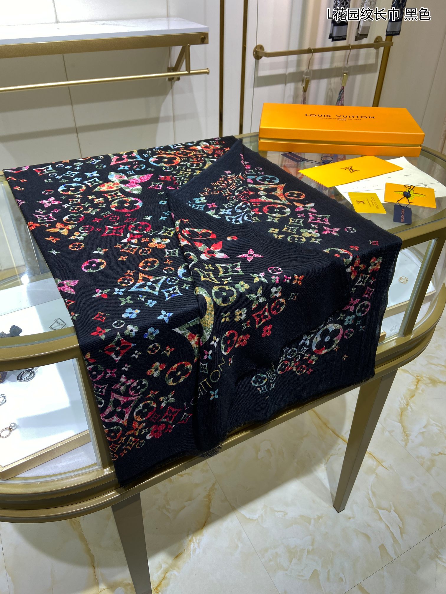 Louis Vuitton Silk Monogram Multicolor in Black Rectangle Scarf 200cm/78in