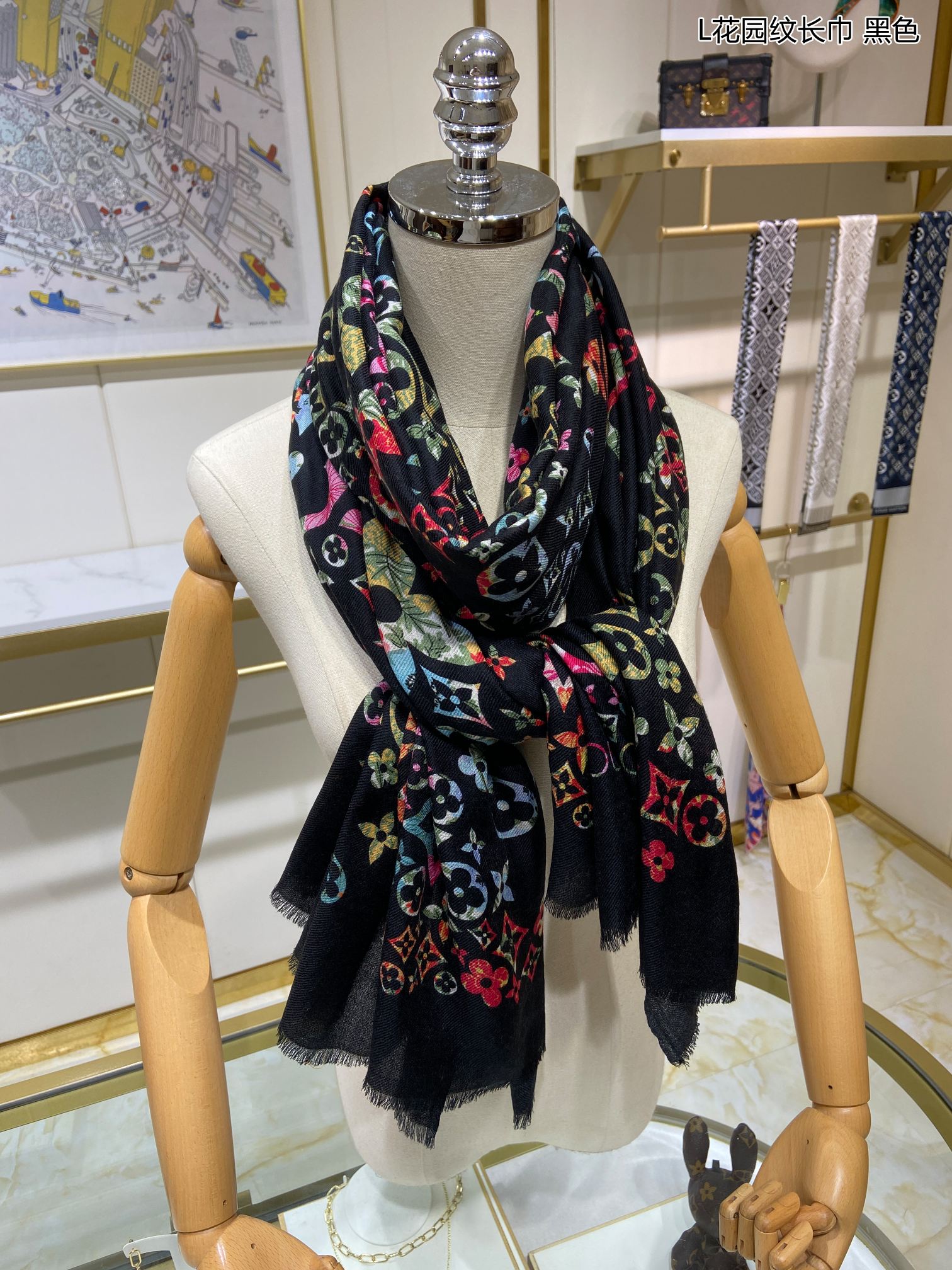Louis Vuitton Silk Monogram Multicolor in Black Rectangle Scarf 200cm/78in