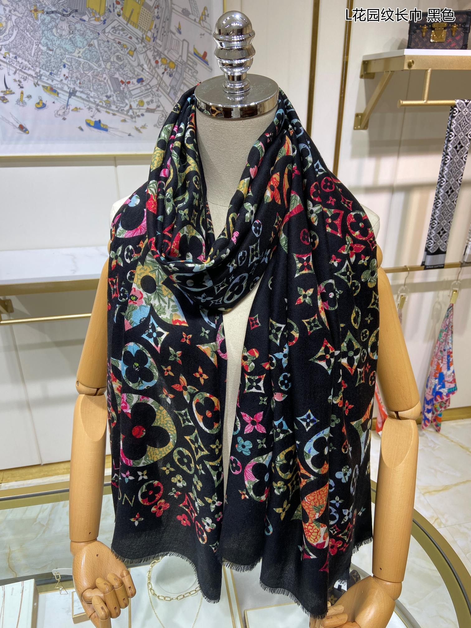 Louis Vuitton Silk Monogram Multicolor in Black Rectangle Scarf 200cm/78in