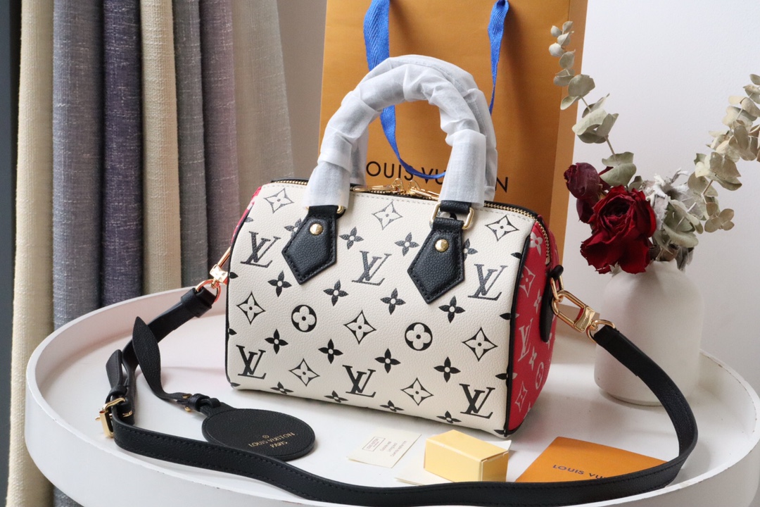 Louis Vuitton Speedy Bandoulière 20 Monogram Empreinte Black/White/Pink For Women, Women’s Handbags 8.1in/21cm