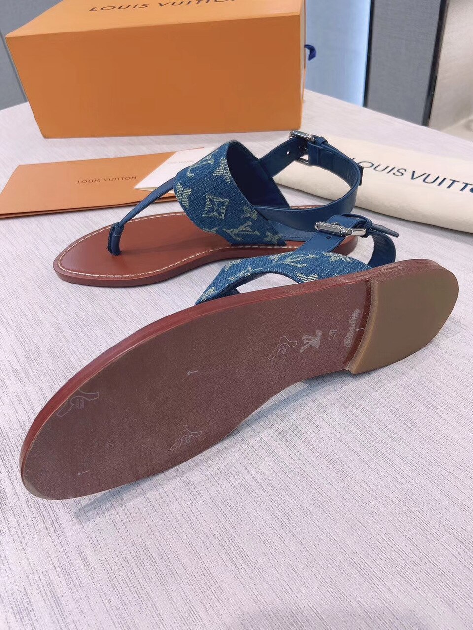 Louis Vuitton Starboard Flat Thong Sandal Monogram Denim Blue For Women LV 1A7RDP