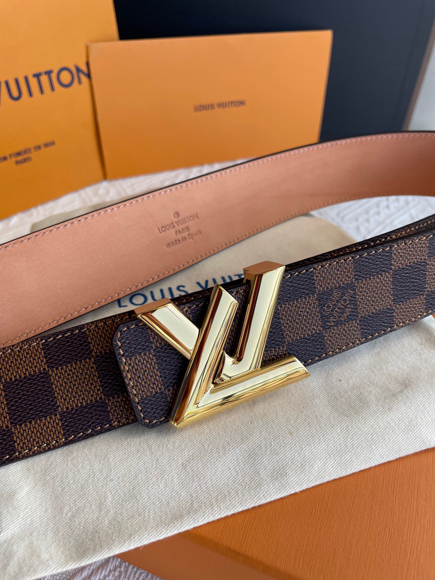 Louis Vuitton Twist Iconic Initiales LV Belt Damier Infini Canvas Brown Gold Finishing LV Women Belt