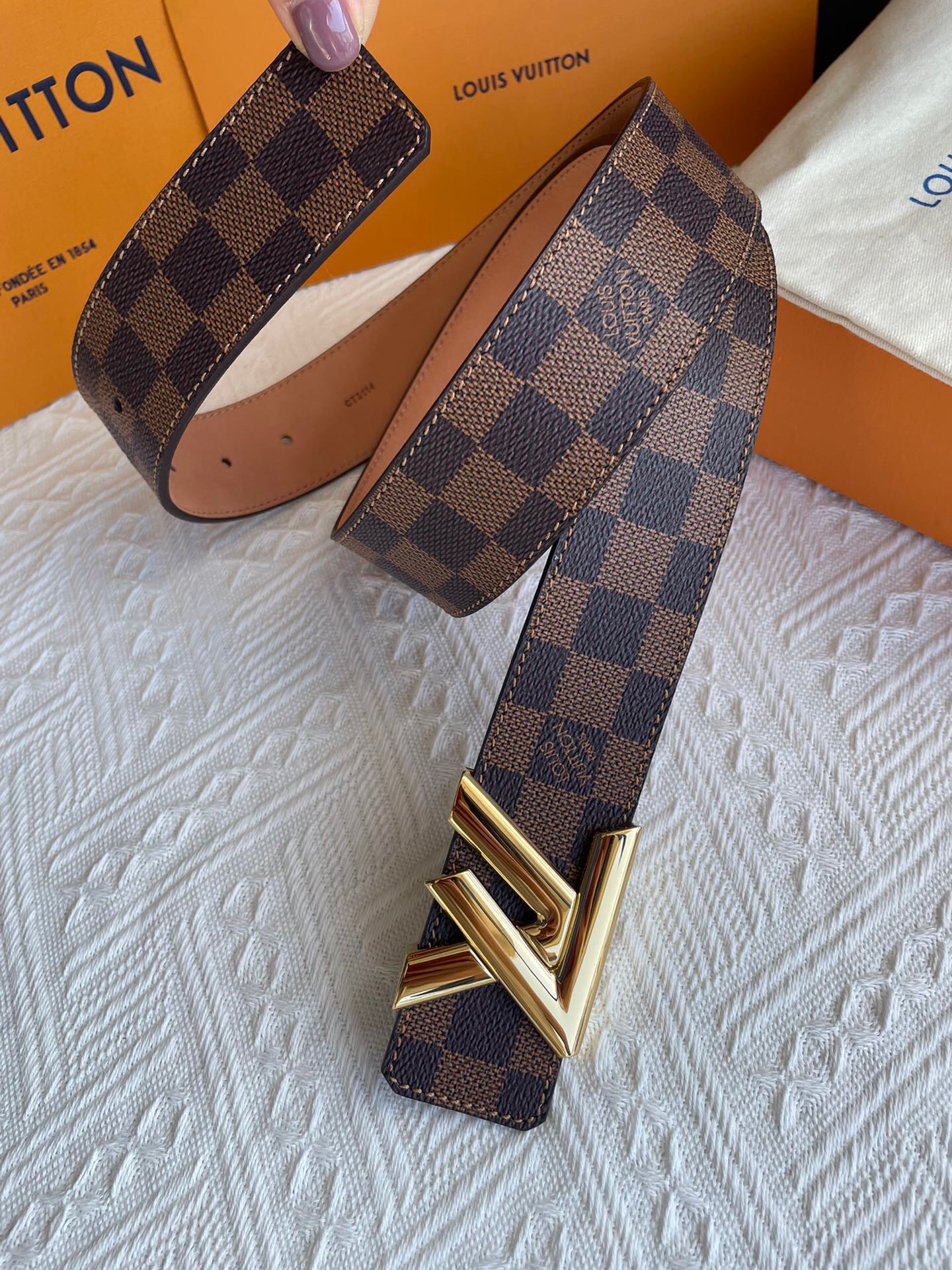 Louis Vuitton Twist Iconic Initiales LV Belt Damier Infini Canvas Brown Gold Finishing LV Women Belt