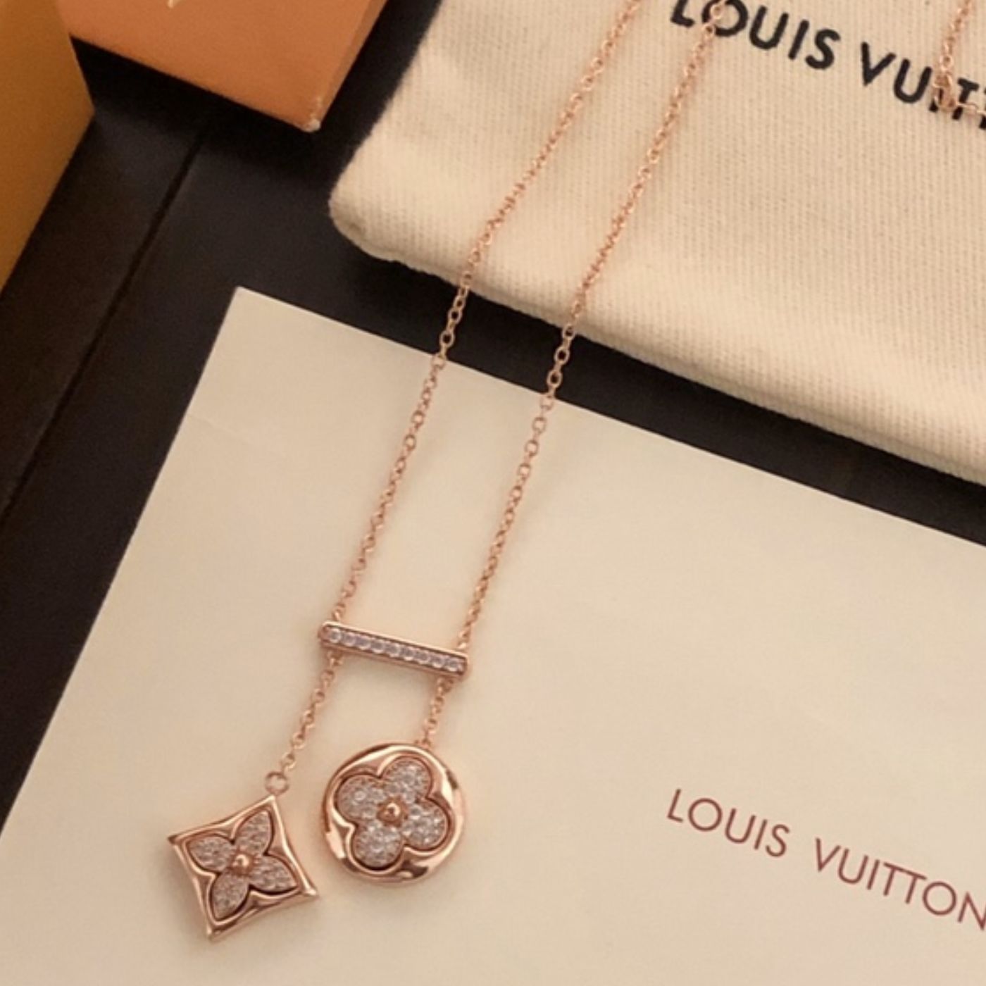 Louis Vuitton Two Blossom Necklace Pink Gold Tone For Women