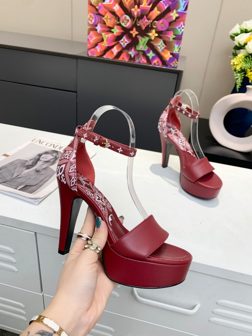 Louis Vuitton Women’s Afterglow Platform Sandal Dark Red And White For Women LV