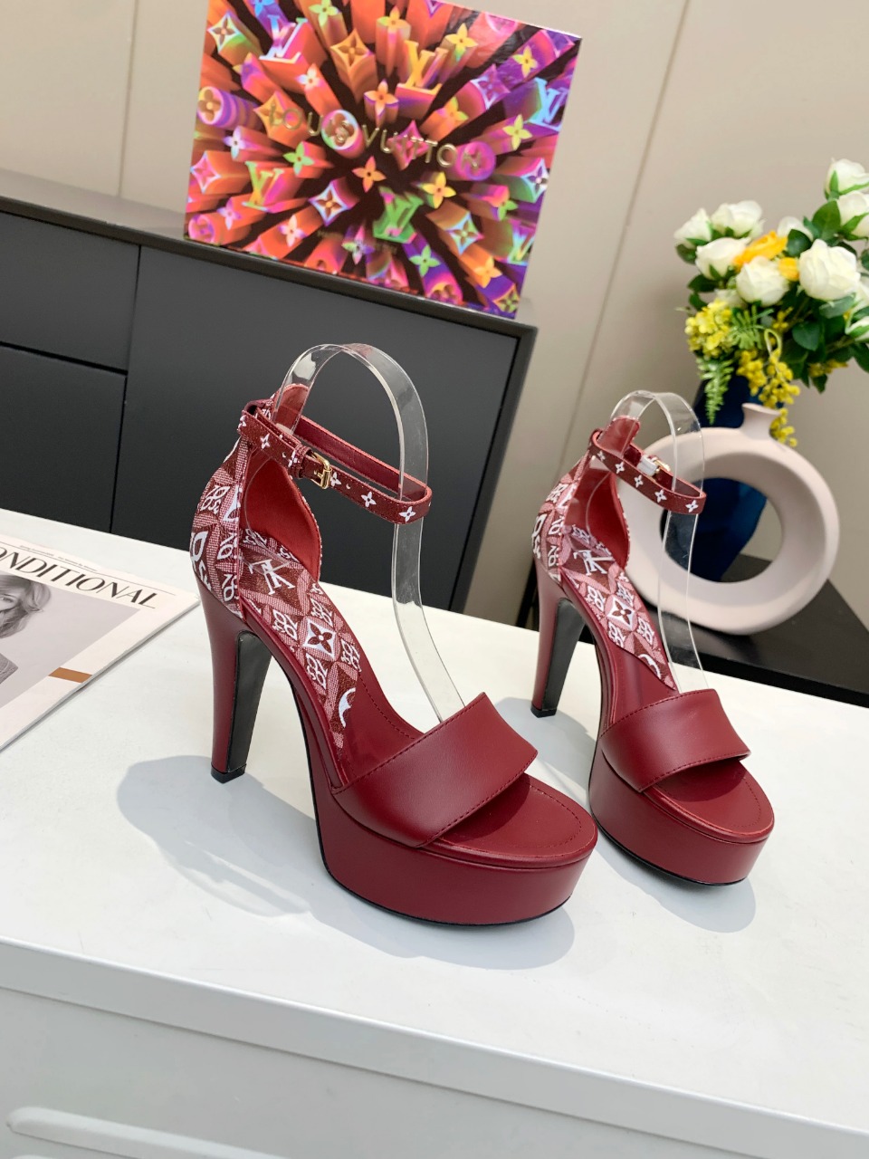 Louis Vuitton Women’s Afterglow Platform Sandal Dark Red And White For Women LV