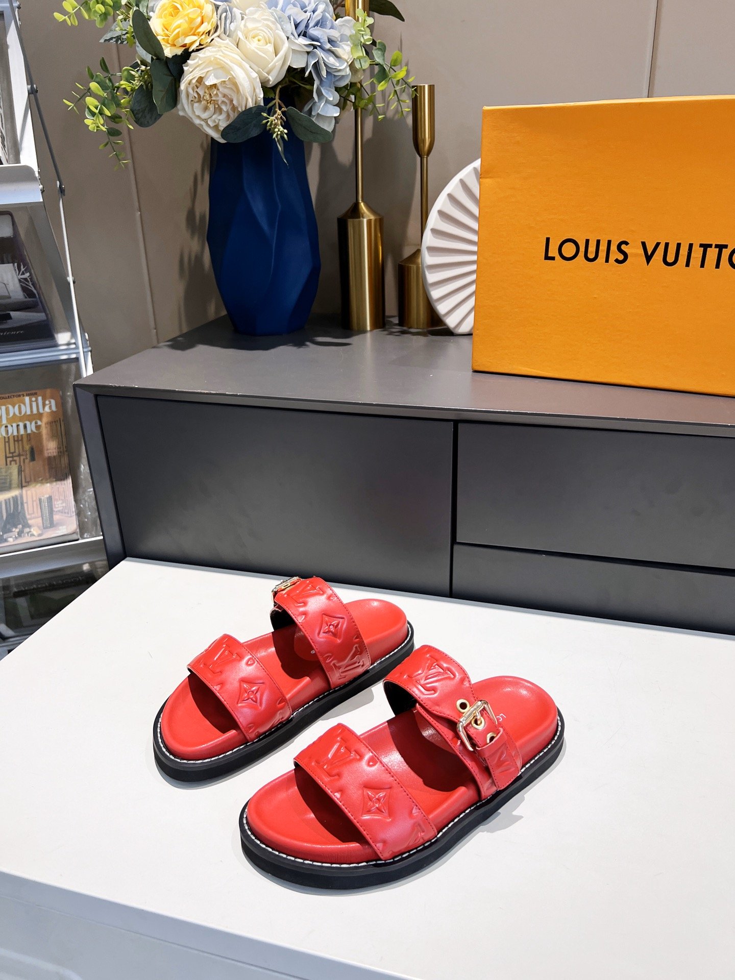 Louis Vuitton Women’s Bom Dia Flat Mule Red For Women LV