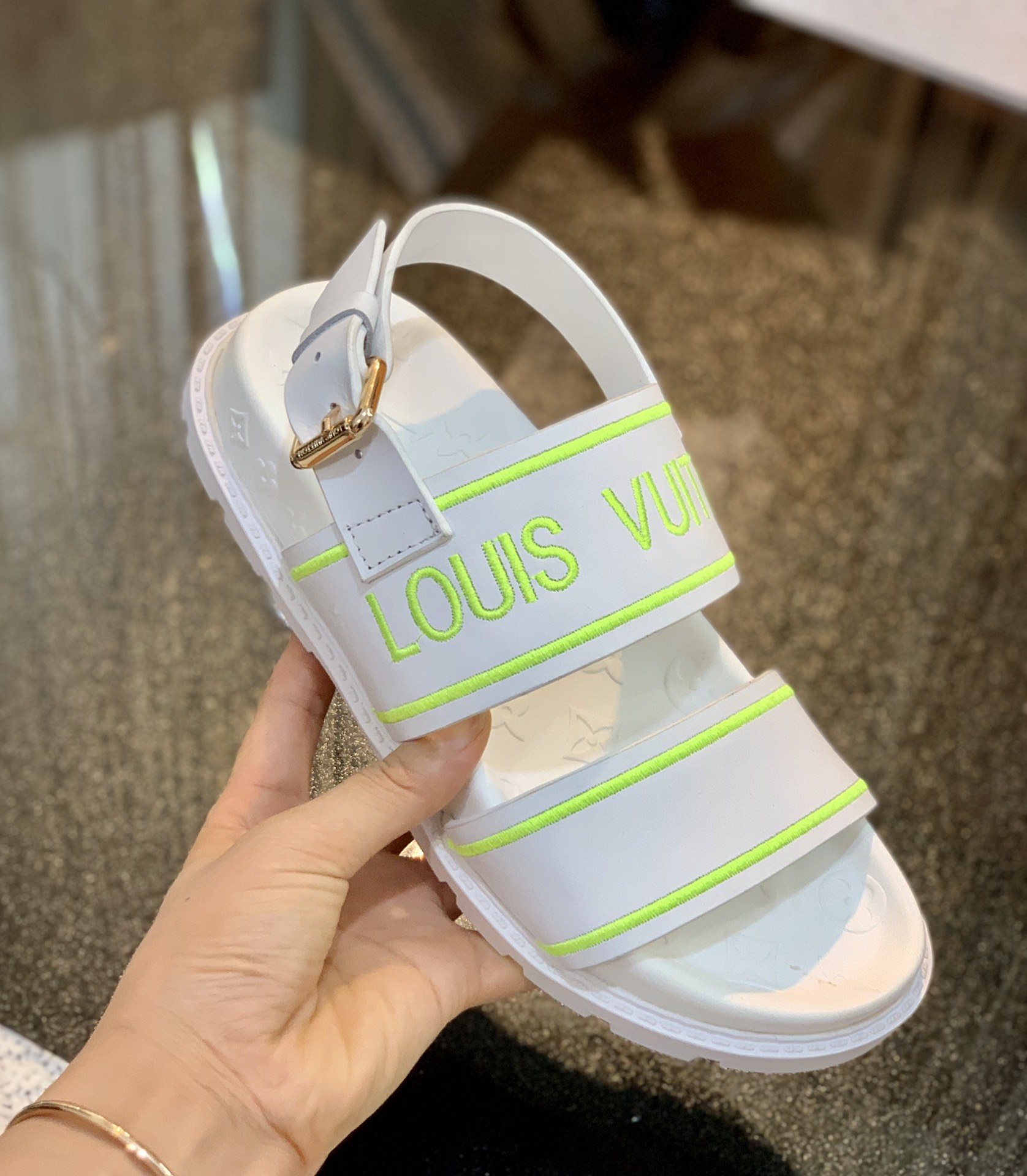 Louis Vuitton Women’s Paseo flat Comfort Sandal White And Neon For Women LV