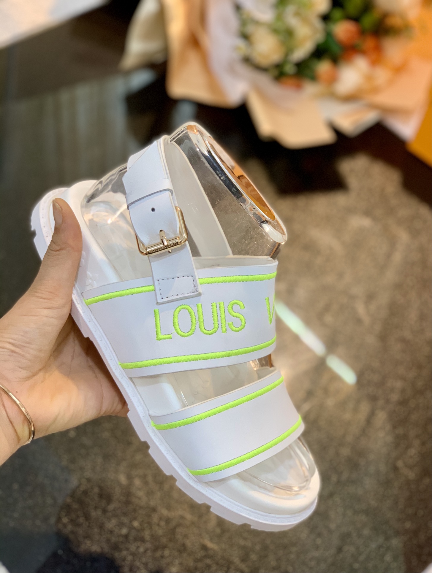 Louis Vuitton Women’s Paseo flat Comfort Sandal White And Neon For Women LV