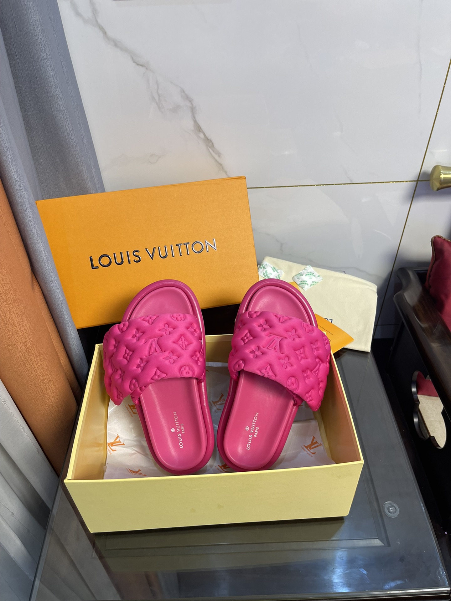Louis Vuitton Women’s Pool Pillow Comfort Flat Mule Fuchsia Pink For Women LV 1AA1DO