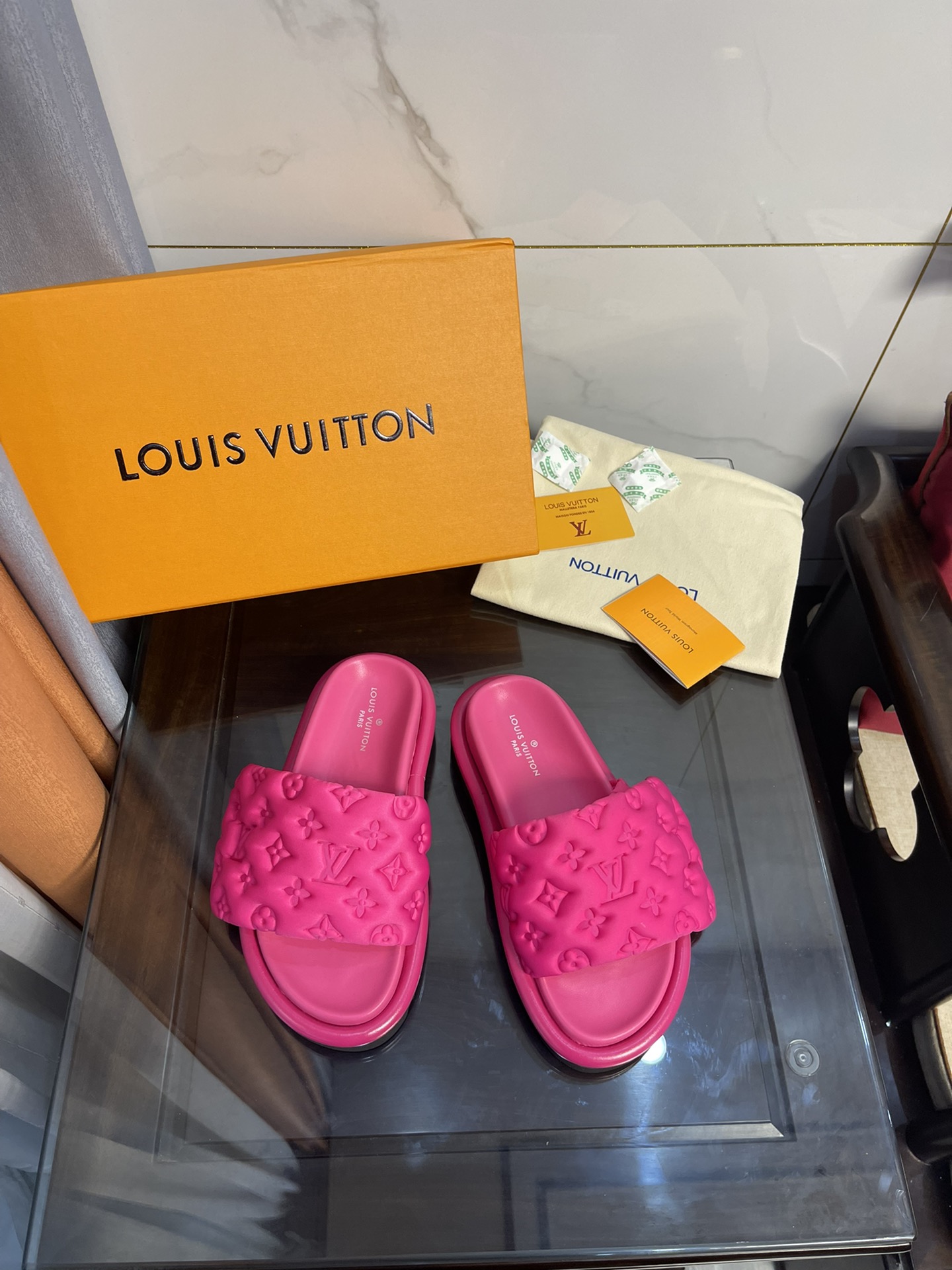 Louis Vuitton Women’s Pool Pillow Comfort Flat Mule Fuchsia Pink For Women LV 1AA1DO