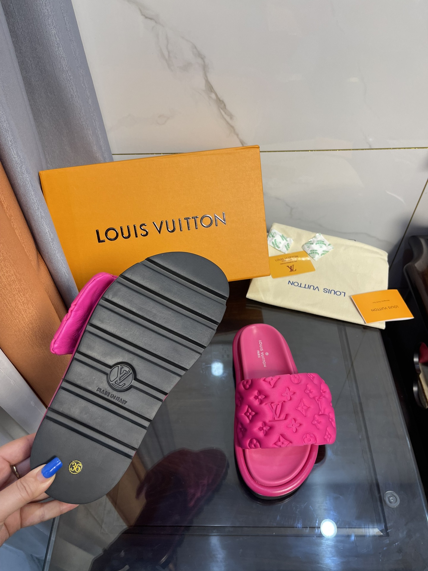 Louis Vuitton Women’s Pool Pillow Comfort Flat Mule Fuchsia Pink For Women LV 1AA1DO