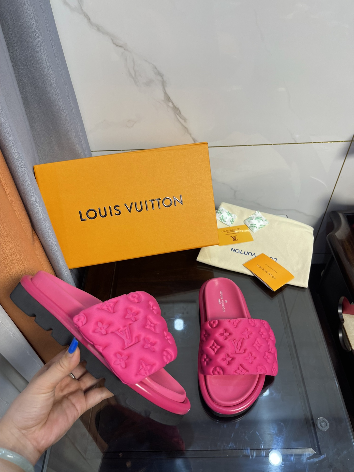 Louis Vuitton Women’s Pool Pillow Comfort Flat Mule Fuchsia Pink For Women LV 1AA1DO