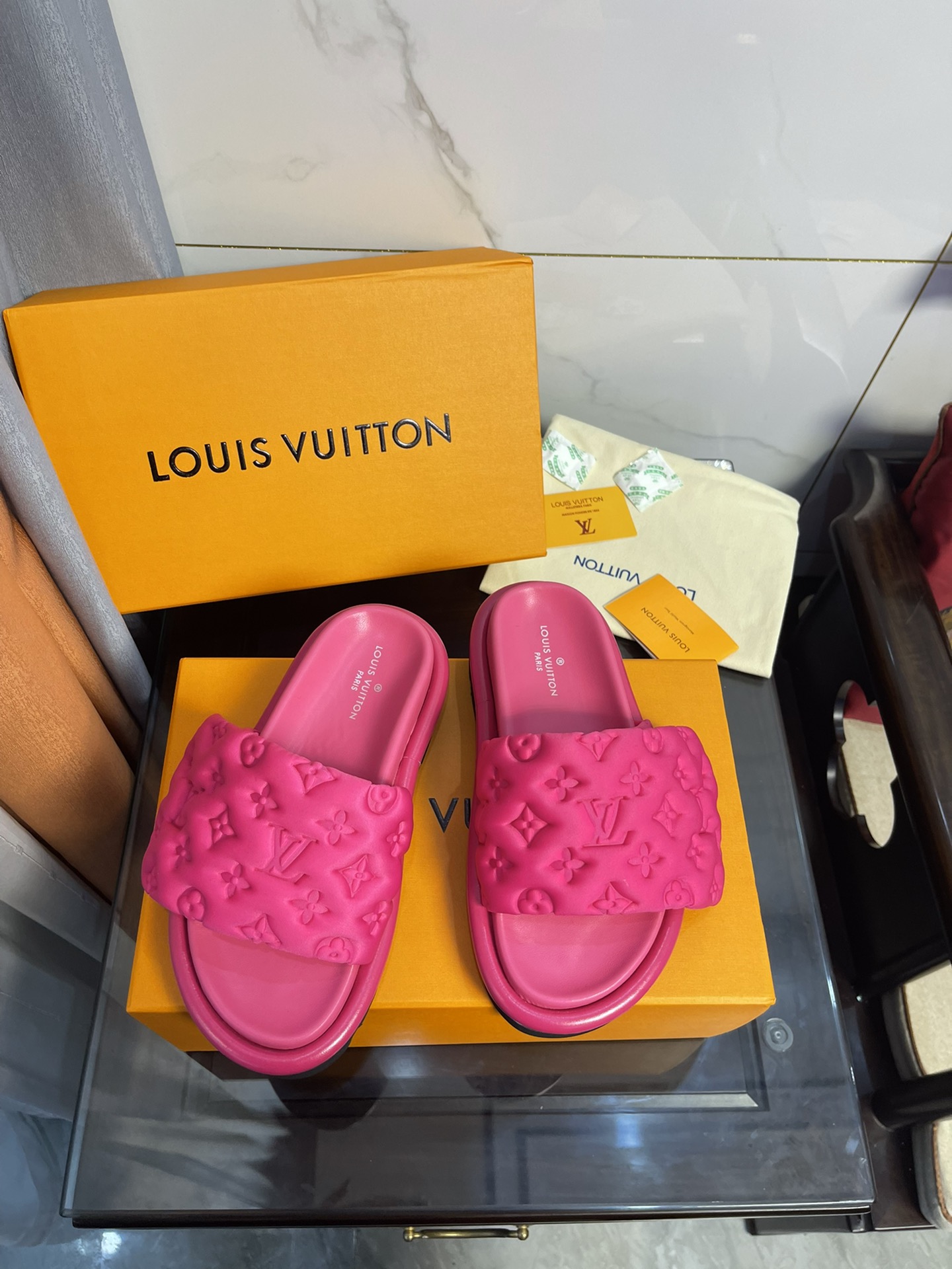 Louis Vuitton Women’s Pool Pillow Comfort Flat Mule Fuchsia Pink For Women LV 1AA1DO