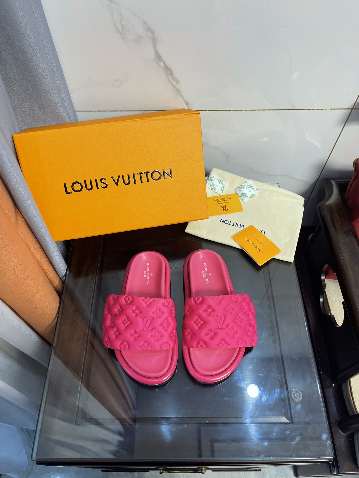 Louis Vuitton Women’s Pool Pillow Comfort Flat Mule Fuchsia Pink For Women LV 1AA1DO
