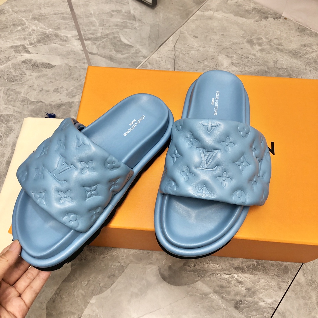 Louis Vuitton Women’s Pool Pillow Flat Comfort Mule Blue For Women LV