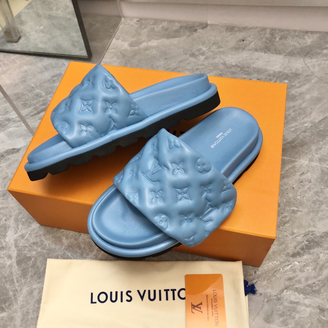 Louis Vuitton Women’s Pool Pillow Flat Comfort Mule Blue For Women LV