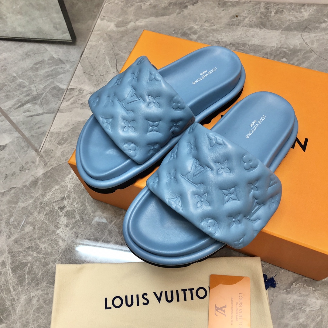 Louis Vuitton Women’s Pool Pillow Flat Comfort Mule Blue For Women LV