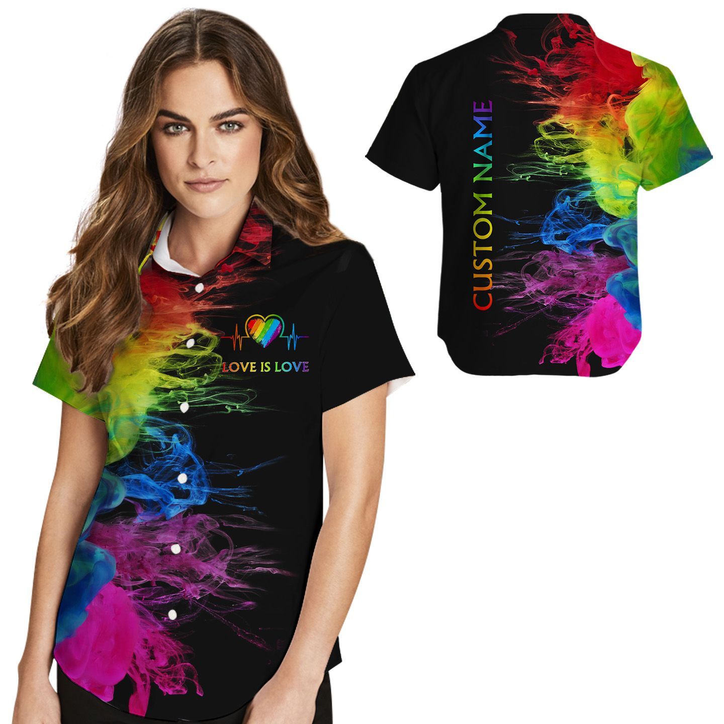 Love Is Love Rainbow Heartbeats Custom Name Women Hawaiian Shirt For Lgbt Community