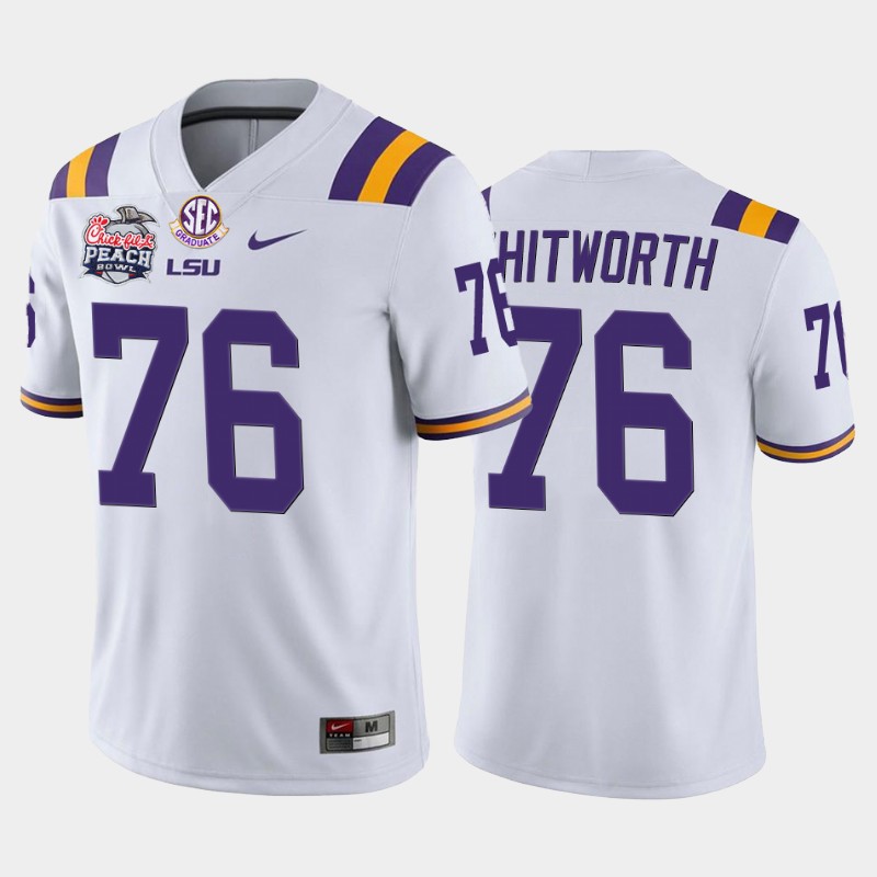 LSU Tigers Andrew Whitworth White 2019-20 Home Peach Bowl Champions Jersey College