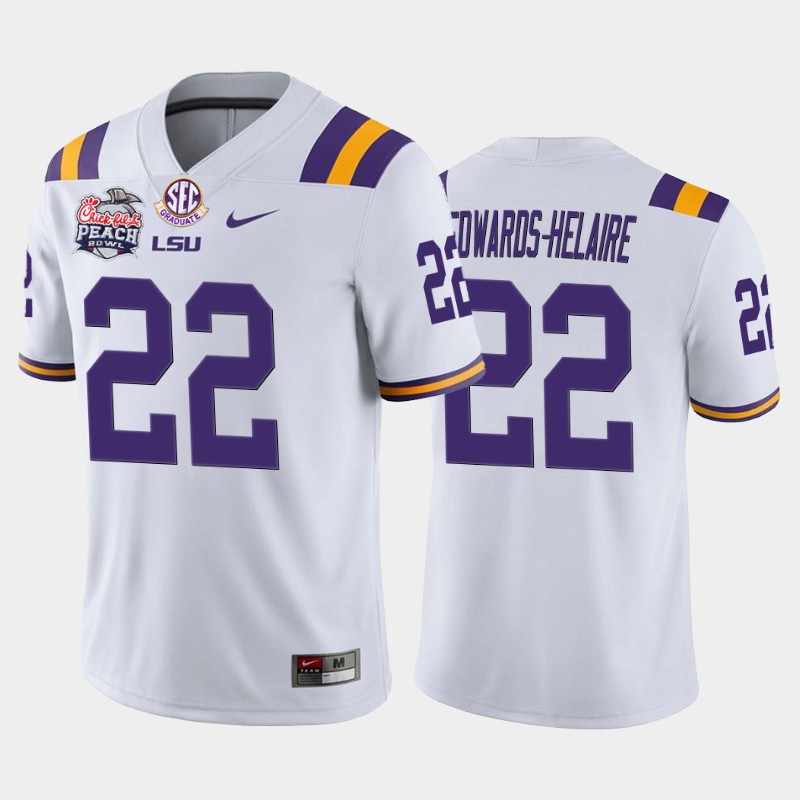 LSU Tigers Clyde Edwards-Helaire White 2019-20 Home Peach Bowl Champions Jersey College