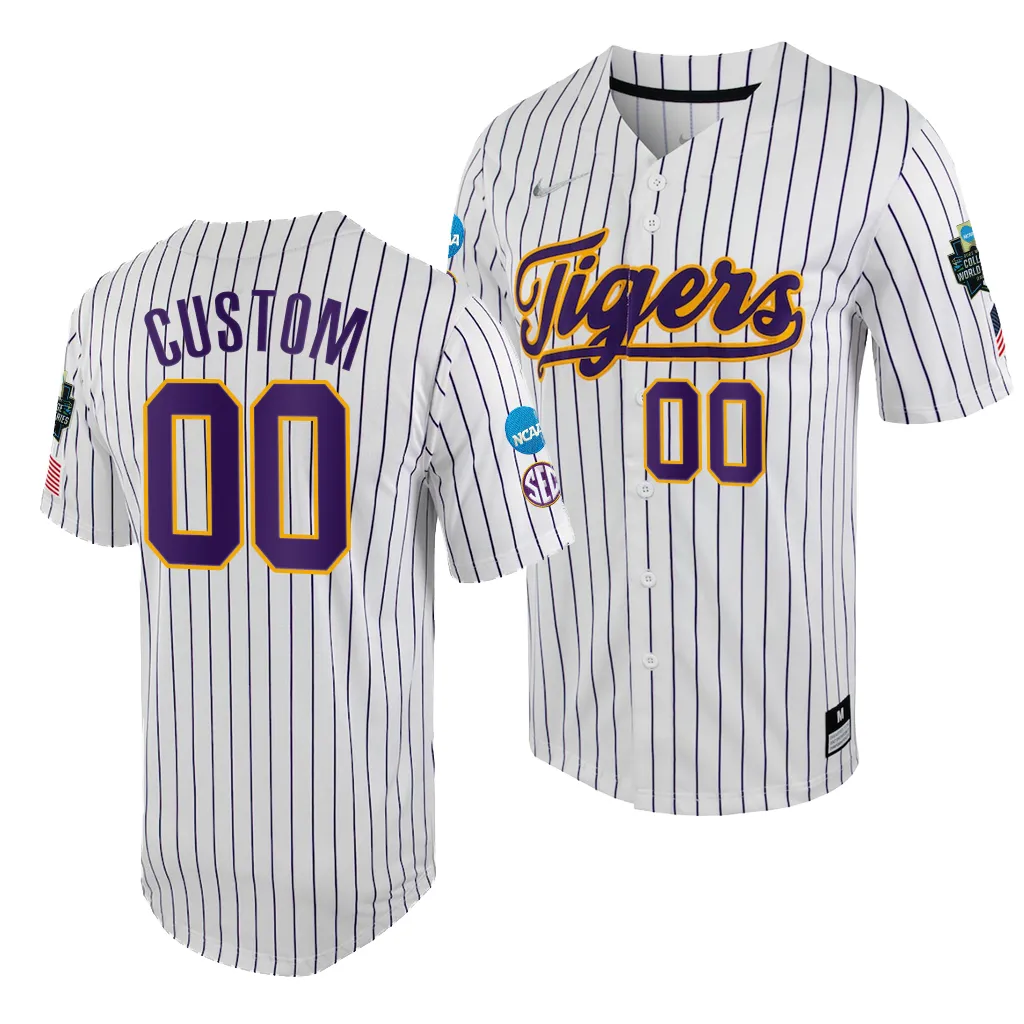 LSU Tigers Custom 2023 College World Series White Purple #00 Jersey NCAA